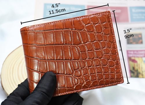Genuine Crocodile Alligator Leather Skin Men Bifold Wallet With ID Sleave (Cognac-Belly)2