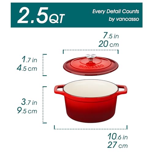 vancasso Cast Iron Pot, 2L Red Naturally Non-Stick Enameled Dutch Oven Cookware, with Stainless Steel Knob Lid Cast Iron Casserole for Steam Braise Bake Broil Saute Simmer Roast - 20cm - Image 3