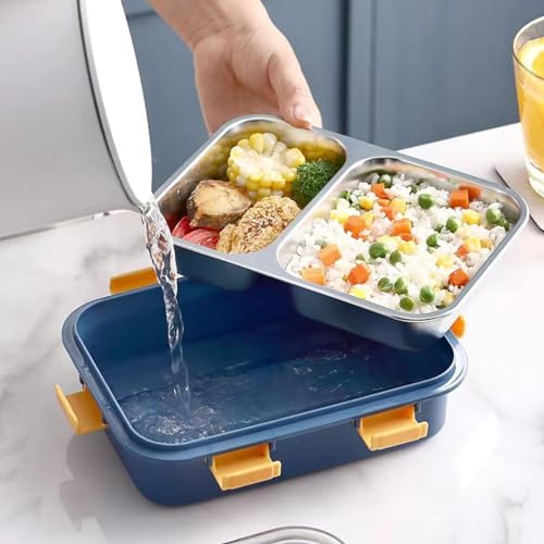 Image of Storescent Lunch Box with Compartment, Leak-Proof BPA Free Stainless Steel for School, Lunch Box for School & Office with a Fork, a Spoon and a Pair of Chopsticks (Blue, 2 Compartment)