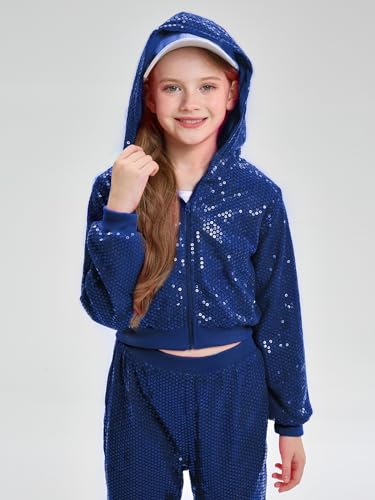 Image of LOLANTA 2Pcs Girls Dance Outfits Cropped Sequin Jacket Pants Set, Kids Hip Hop Dance Costumes for 80s 90s Party 5-15 Years
