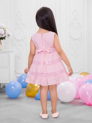 Image of Soft Cotton Lace Work Knee Length Fit & Flare Dress for Kids & Girls, Flower Embellished Frock for Casual & Special Occasion