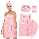 BABYSHEEP Towel Wrap Women Shower Robe Adjustable Closure Bathrobe with Hair Drying Towel & Headband Wristband Towel Dress & Spa Wraps - Pink