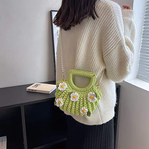 Small Crossbody Bag for Women Crochet Purse with Flower Hand Knitting Cute Boho Bag (Green)2
