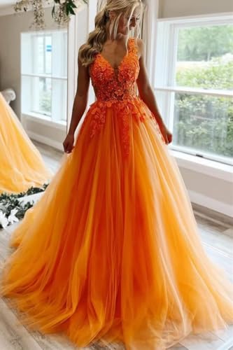 Dymaisei Lace Appliques Prom Dresses Long Floral V Neck Tulle Formal Dress A Line Backless Evening Gowns2