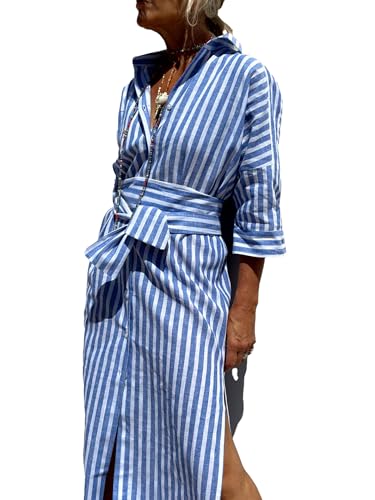 utcoco Womens 2025 Shirt Dress Casual Lapel 3/4 Sleeve Button Down Split Belted Vacation Maxi Dress