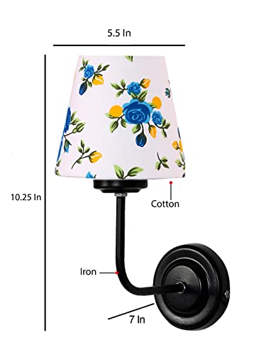 Image of Wall Sconce Wall Lamp (H-10 Inches, Blue Floral) for Living Room /Bedroom, Hall, Study, Kids Room, Home Office, Balcony Decor | Black Metal Finish, Modern Indoor Wall Night Ambient Lighting