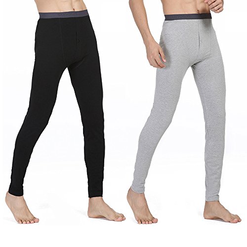 IVYRISE 2 Pack Mens Longjohns Thermal Underwear Cotton Basic Layer Light Weight Warm Bottom, Black & Light Gray