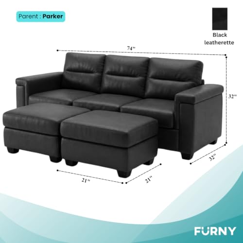Image of FURNY Parker 3 Seater Sofa Set with 2 Ottoman | Premium Leatherette Finish | Durable Comfort Sofa for Modern Living Room & Office Spaces
