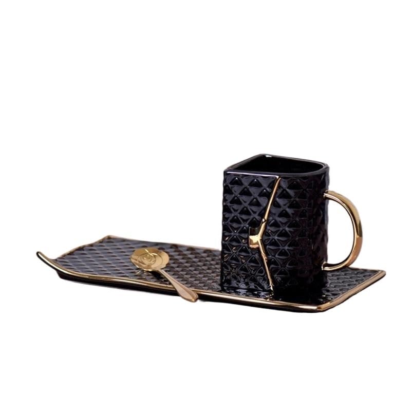 CHENJIAHAO Tazzine Caffe Tazza a Forma di Borsa con piattino e Cucchiaio Tazze da caffè Tazze da tè al Latte Set da Ufficio in Ceramica Tazzine Caffe Particolari(Black 1set)