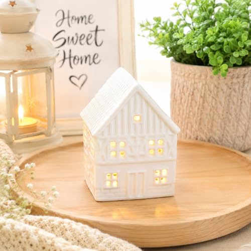 Image of MARKET 99 House-Shaped Decorative T-Lite Showpiece | Battery-Operated LED Tealight Figurine for Home, Office, Bedroom & Cabinets | Modern Accent Light for Festive Decoration (Ceramic Material)