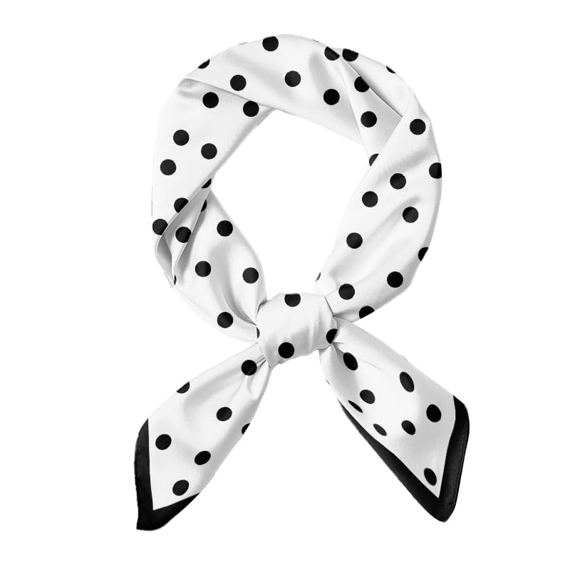 WIRESTER 27.5 Inch Fashion Hair Scarf, Medium Square Satin Head Scarf, Head Scarves, Neckerchief, Hair Bandana, Sleeping Wrap for Women - White Black Polka Dots