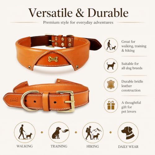 Image of Genuine Leather Tuxedo Shirt Dog Collar, Large, Tan, Cushioned Padding | Brass Buckle, Large, D Ring, Heavy Duty, Padded, Fit Neck Size 18.5 inch-22.5 inch