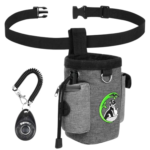 Adiwo Leckerlitasche für Hunde, Hunde Leckerlibeutel und Training-Clicker, wasserdichte Freihändige Hundeleckerlitasche mit Kotbeutelspender Mehreren Taschen, Gürteltasche für Hundespaziergang, Grau