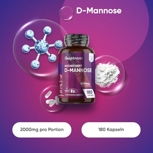 D Mannose Kapseln - 2000mg D Mannose Pulver pro Portion - 180 D- Mannose Stück - Vegan & Frei von Magnesiumstearat - 3 Kapseln Täglich - 2 Monate Vorrat - Nahrungsergänzungsmittel von WeightWorld