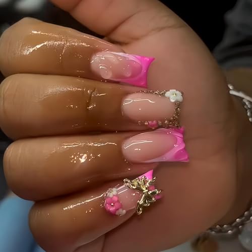 Image of Pink Nail Press ons Ombre French Tip Fake Nails Flower False Nails with Butterfly Design Glossy Duck Glue on Nails Reusable Artificial Acrylic Full Cover Stick on Nails for Women Manicure 24Pcs