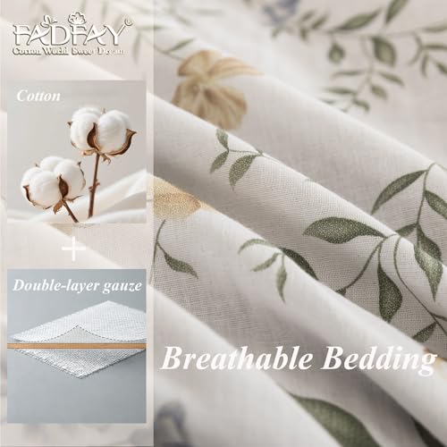Image of FADFAY King Size Sheets Floral Cooling Bed Sheet Set Muslin Cotton Chic Beige Green French Country Style Bedding Luxury Super Soft Breathable Crisp Bed Deep Pocket Fitted Sheet 4 Pcs