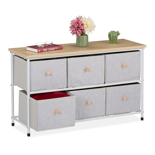 Relaxdays Aparador, 6 Cajones de Tela, Pasillo y Dormitorio, 51x87x32 cm, Cómoda con Balda, Metal, Gris Claro/Natural, 51 x 87 x 32 cm
