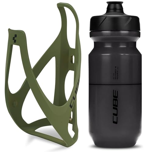Cube HPP Cage - Matt Olive & Flow Bottle - Black, 500ml / Water Drink Flask Vessel Bidon Holder Mount Bracket Kit Lightweight Plastic Drinking Hydration Biking Bike Riding Frame Accessories