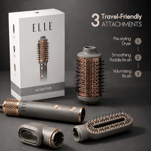 Image of ELLE 3-in-1 Dryer, Straightener & Volumizer I Hot Air Brush for Women | Anti-Frizz Ionic Technology | 2X Shine, 70% Less Frizz | Salon Style Blow Dry Finish at Home