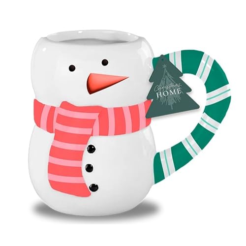 eBoutik - Christmas Ceramic Snowman Mug with Candy Cane Handle Xmas Snow Man Winter Theme Design Decorative Holiday Drinkware for Tea Coffee Hot Chocolate & Mulled Wine