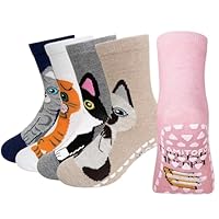PUTUO Girl's Non Slip Socks: Children's Cotton Sports Socks with Grip Novelty Animal Non Slip Socks for Kids, Age 2-14, 5 pairs