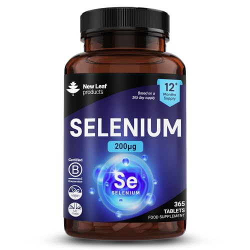 Selenium Tablets - 365 Vegan Selenium Tablets 200g Per Serving - Supports Normal Immune System & Thyroid Function - 12 Month Supply Made in The UK By New Leaf