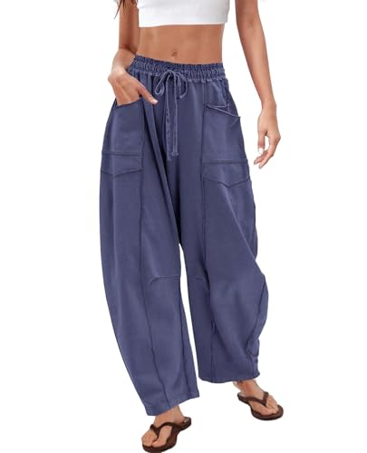 CHANGEOWN Barrel Pants for Women, Wide Leg Baggy Sweatpants Drawstring High Waisted Lounge Trousers with Pockets, Relaxed Fit Casual Pants, NavyBlue, 2XL
