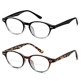 LKEYE Bifocal Reading Glasses Women Blue Light Computer Progressive Readers Fashion Round Nerd Retro Clear Top Designer Stylish Cute Ladies Oval No Line Eyewear Black Leopard 2 pack LK6023 +150