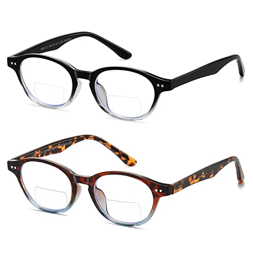 LKEYE Bifocal Reading Glasses Women Blue Light Computer Progressive Readers Fashion Round Nerd Retro Clear Top Designer Stylish Cute Ladies Oval No Line Eyewear Black Leopard 2 pack LK6023 +100