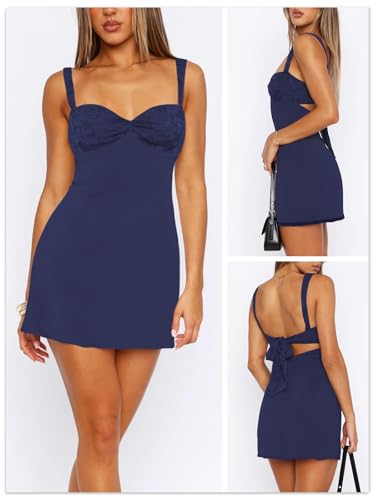 Image of Women's Summer Mini Dresses Sleeveless Sexy Square Neck Lace Splicing Cocktail Party Straps Bodycon Dress