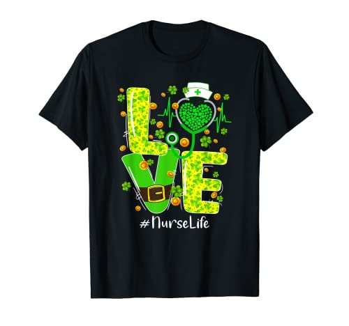 Mujeres Amor Enfermera Vida Estetoscopio Trébol Día de Patricio Camiseta