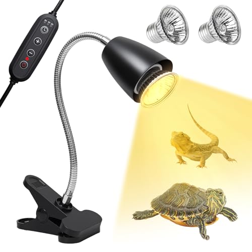 Cayludg Reptile Heat Lamp with 2Pcs 50W UVA UVB Bulb, Turtle Heater Light with 360 Rotatable Basking Light with Clamp and Cycle Timer for Turtle Lizard Snake Amphibians