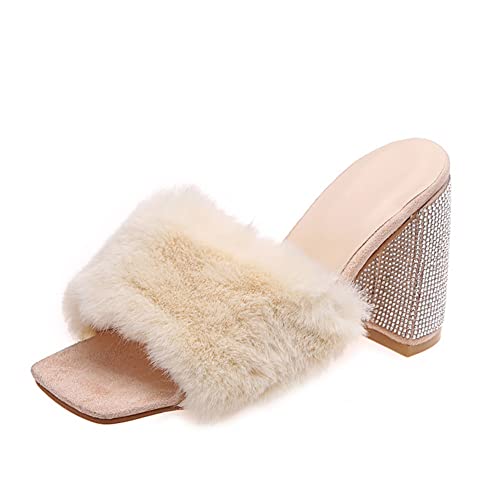 Slippers Womens Slip on Fluffy Slippers Chunky Heel Platform Slippers Rhinestone Open Toe Sandals Shoes (Color : Beige, Size : 12 US)