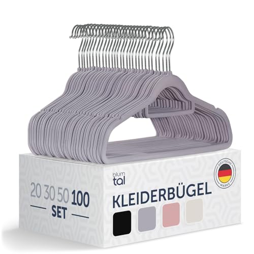 Blumtal 100 Stück Samt-Kleiderbügel - Samt-Kleiderbügel rutschfest um 360 drehbar platzsparend hochwertig mit Krawattenklammer - Grau