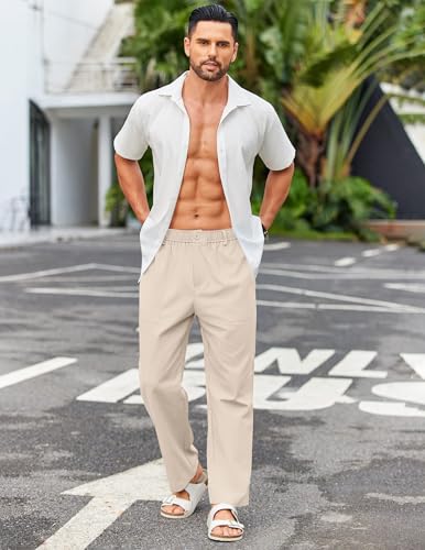 COOFANDY Men's Casual Cotton Linen Pants Lightweight Relaxed Fit Yoga Trousers Summer Vacation Beach Pants Beige3