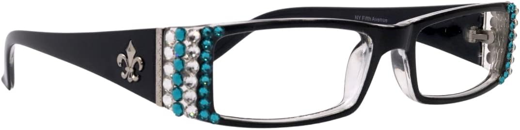 NY FIFTH AVENUE The French (Bling) Fleur De Lis Women Reading Glasses (Clear, Turquoise) Crystal (Black) Rectangular