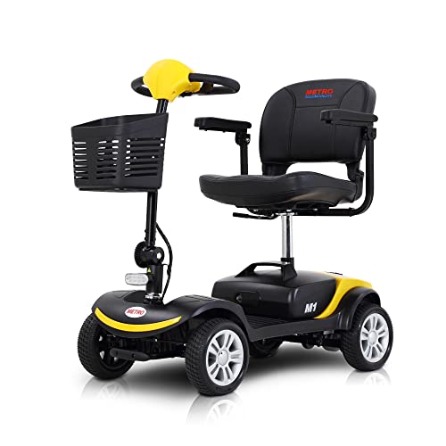 4 Wheel Mobility Scooter,Electric Powered Wheelchair Device, Compact Heavy Duty Mobile for Travel, Adults, Elderly, Long Range Power Extended Battery with Charger and Basket Included (Yellow + Metal)
