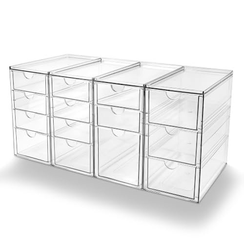 Image of Prsildan Acrylic Desk Organizers with 14 Drawers, Stackable Makeup Storage | Anti-slip Clear Storage Bins, Vanity Organizer for Craft Bead Crayon Nail, Bathroom Kitchen Office Organization, 4 Pack
