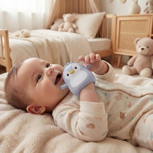 Image of Baby Teething Toys for 3-6 Months Silicone Teething Mittens for Babies Food Grade Silicone Teether (Penguin Baby Blue)