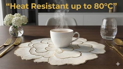 Image of Dakshya Industries Dining Table Mats Set of 7 | 6 Round PVC Placemats with Decorative Leaf Runner | Heat Rasistant