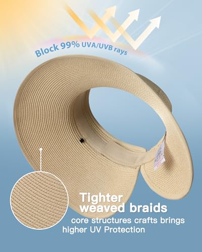 image for FURTALK Sun Visor Hats for Women Wide Brim Straw Ponytail Summer Beach