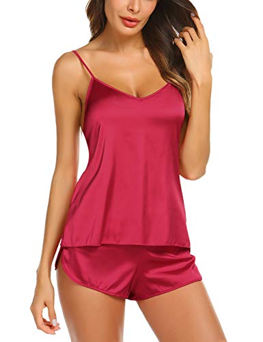 Ekouaer Womens Sexy Sleepwear Lingerie Satin Pajamas Cami Shorts Set Nightwear X,Wine Red,Medium