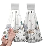 Kwlegh Watercolor Floral Hanging Kitchen Towels Set of 2 Spring Summer Grey Flowers Hand Towel with Hanging Loop Wildflower Daisy Dish Towel Soft Absorbent Bath Tie Towel for Bathroom Farmhouse