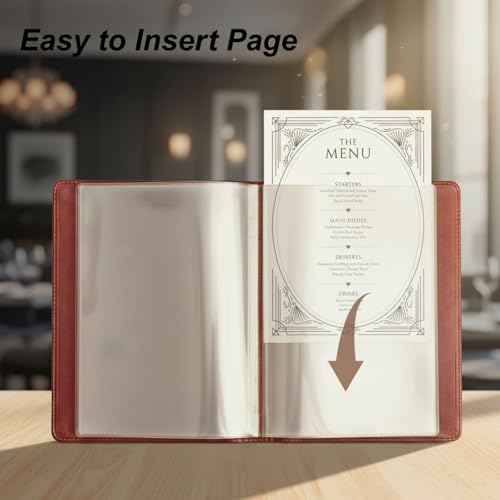 Premium Kunstleder Speisekartenhalter & Präsentationsmappe – A4 – 4 Seiten, 8 Ansichten, transparente Hüllen, abgerundete Ecken, ohne Logo (Walnussrot)