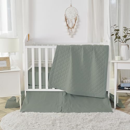 Image of Brandream Gender Neutral Boho Bohemian Baby Girl Boy Nursery 3 Pieces Crib Bedding Set Solid Green Farmhouse Chic Unisex Cozy 100% Washed Cotton Like Linen Supersoft