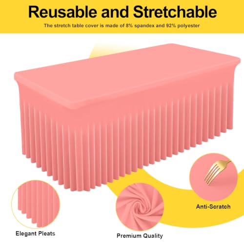 Image of Smiry Spandex Elastic Fitted Table Cloth Skirt for 4FT Rectangle Table | Stretch Washable Table Cloth, Banquet Table Cover for Wedding, Party, Indoor & Trade Shows, (Coral Red, 48Lx30Wx30H)