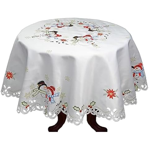Creative Linens Holiday Christmas Tablecloth 86" Round with 12 Napkins Embroidered Snowman Snowflake Poinsettia Winter Table Linen White Cover