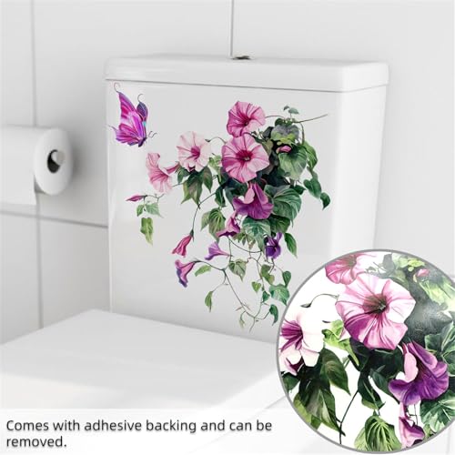 Hikosiya ウォールステッカー 花 紫陽花 夏 花 薔薇 蝶々 インテリア 家具 家電 キズ隠し ステッカー 便器シール 北欧 モダンアート 可愛い 便器 壁紙シール おしゃれ 浴室 トイレ ステッカー DIY ウォールペーパー 剥がせる PVC素材 生活防水 部屋飾り ピンク 青 赤 緑 紫 レッド 壁の装飾 (花 蝶々 03, 30ｘ25cm) [5]