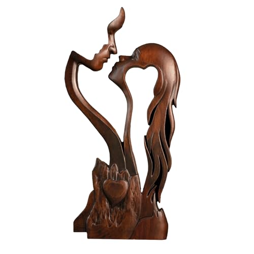 Wooden Kissing Couple Ornament, Abstract Couple Portrait Sculpture Romantic Love Statue Decor Gift for Women Anniversary Valentine Wedding – 10 Inch