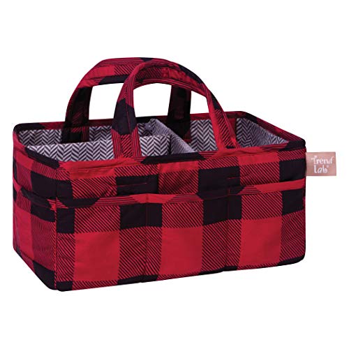 Image of Red and Black Buffalo Check Storage Caddy-Buffalo Check Body and Handles, Herringbone Print Lining, Buffalo Check Trim, Red, Black, Grays, 12 in x 6 in x 8 in